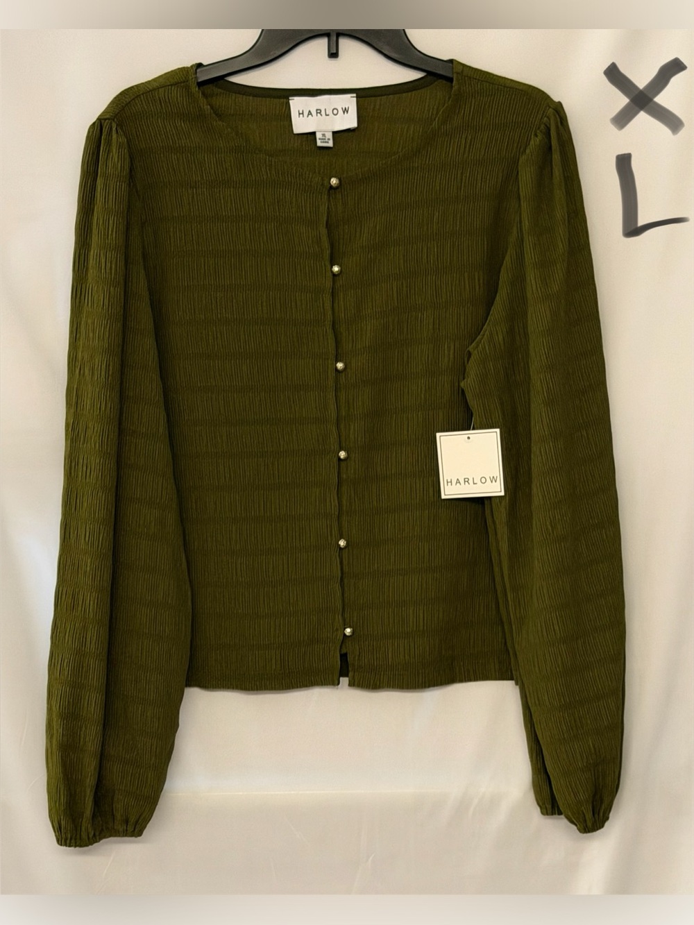 Harlow Olive Green Pearl-Button Textured Cardigan
